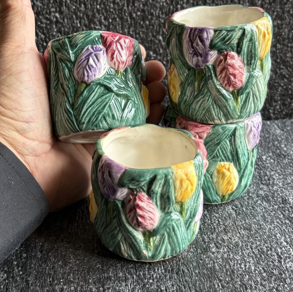 Vintage Small Majorca Ceramic Planters Hand painted Pastel Tulips Set of Four